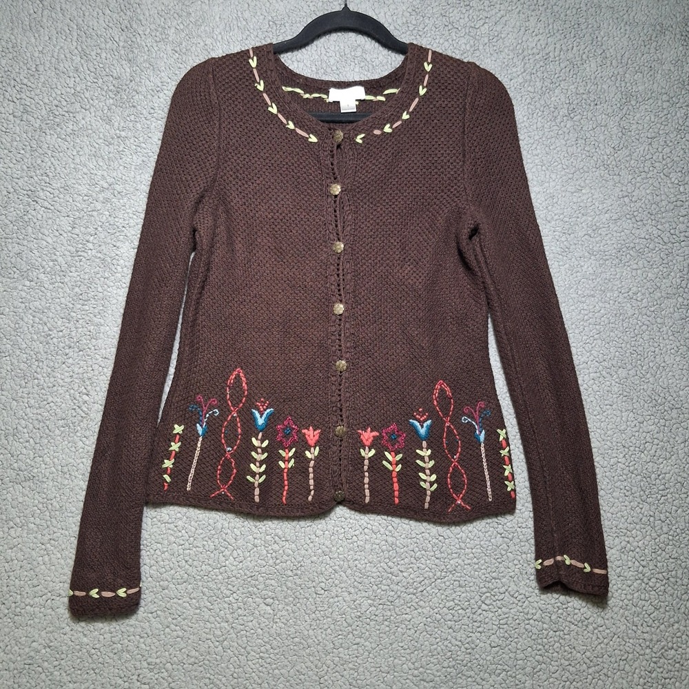 Christopher & Banks Cardigan Sweater Womens Small Brown Floral Embroidered